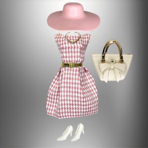 Eledoll Clothes Fashion Pack Springtime in Paris for 11.5 inch - 12 inch Fashion Doll Coral Pink Houndstooth 1 Dress Hat Gold Belt Purse Set #1 B09W1WGQ7Y