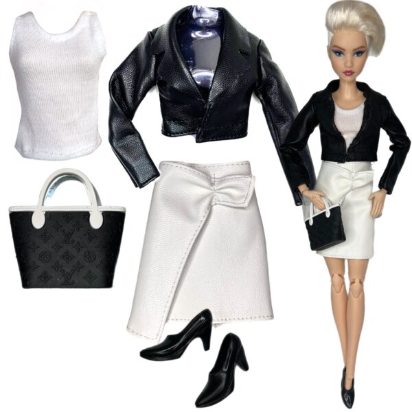 Eledoll Fashion Pack Clothes Set for 12 inch Doll Black & White Leather MINI SET