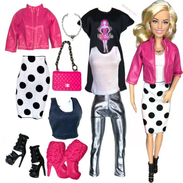 Eledoll Fashion Pack Clothes Set for 12 inch Doll Black White Pink 3534