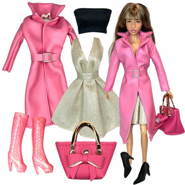 Eledoll Clothes Fashion Pack for 12 inch Doll Rose Pink Long Coat Mini Set