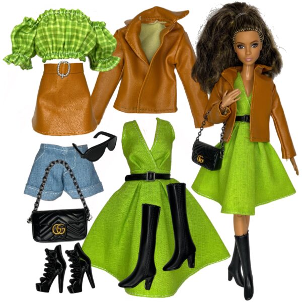 Eledoll Clothes Fashion Pack for 12 inch Fashion Doll GREEN FIELDS 3 in 1 Set D2