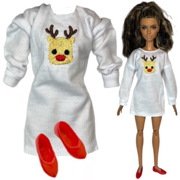 Eledoll Clothes Fashion Pack for 12 inch Fashion Doll mini EMBROIDERED Reindeer Tee & Shoes