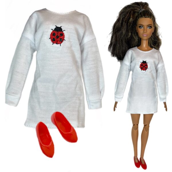 Eledoll Clothes Fashion Pack for 12 inch Fashion Doll mini EMBROIDERED LadybugTee & Shoes