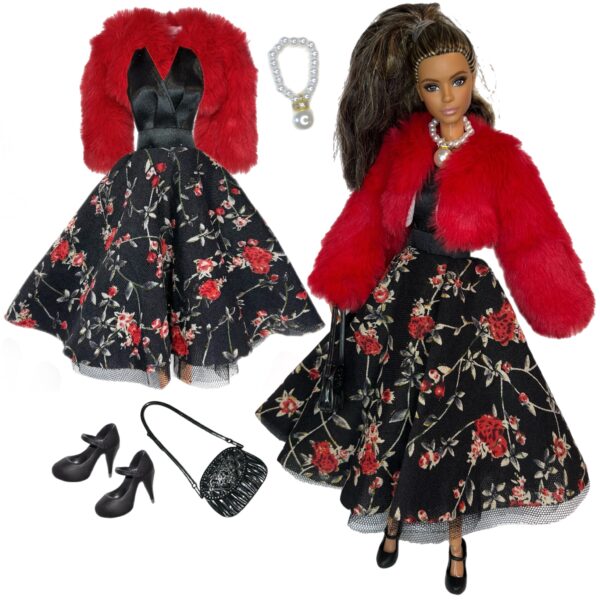 Eledoll Clothes Fashion Pack for 12 inch Fashion Doll Red Black Dress & Fur Set