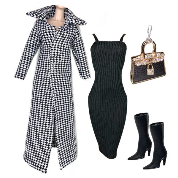 Eledoll Clothes Fashion Pack for 12 inch Fashion Doll Long Houndstooth Black White Coat Set