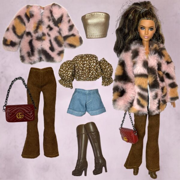 Eledoll Clothes Fashion Pack for 12 inch Fashion Doll Cheetah Fur Coat & Brown Pants Set