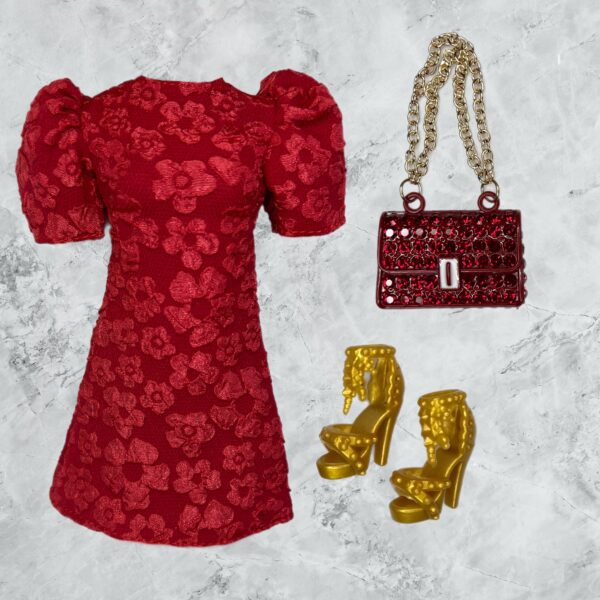 Eledoll Clothes Fashion Pack for 12 inch Fashion Doll Cute Red Dress & Red Diamond Mini Purse Bag Set