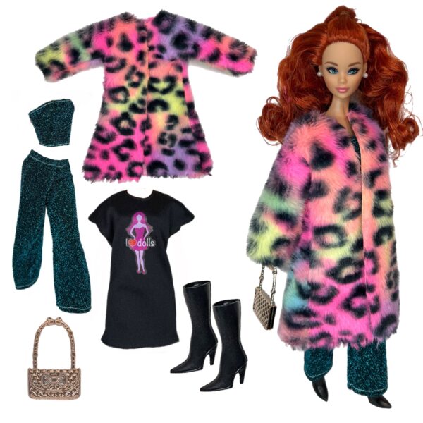 Eledoll Clothes Fashion Pack for 12 inch Fashion Doll Long Fur Cheetah Coat Set