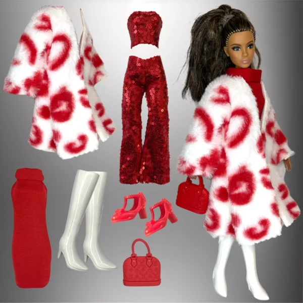 Clothes Deluxe Fashion Pack for 12 inch Fashion Doll RED WHITE FUR VALENTINES DAY LOVE Set