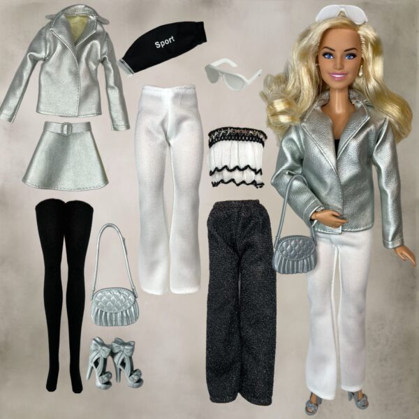 Eledoll Fashion Pack for 12 inch fashion doll BLACK WHITE SILVER Set D1