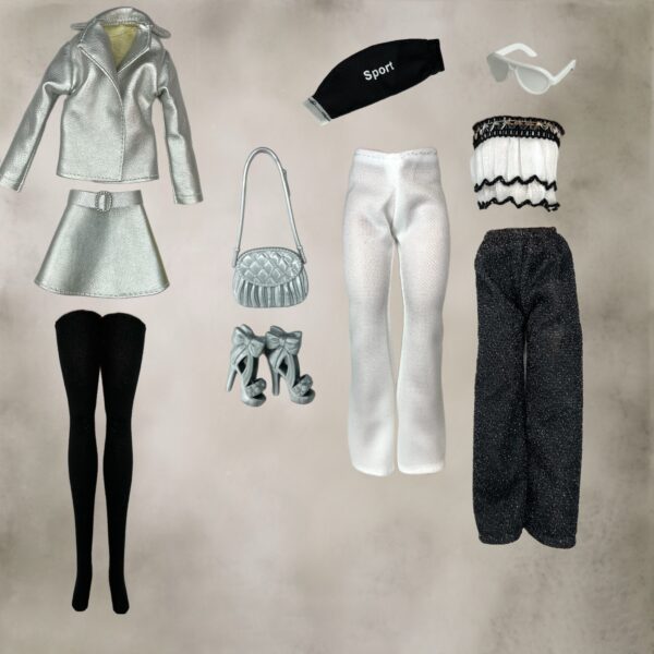 Eledoll Fashion Pack for 12 inch fashion doll BLACK WHITE SILVER Set D1 - Image 2
