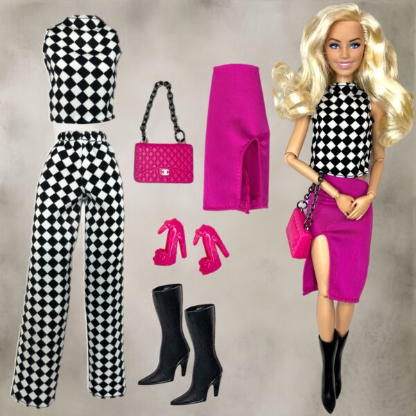 Eledoll Fashion Pack for 12 inch fashion doll MAGENTA PINK black white Set D1