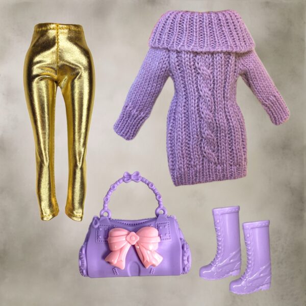 Eledoll Fashion Pack Clothes Set for 12 inch Doll Purple Sweater Gold Leggings Boots Set D1