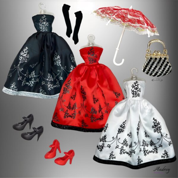 Eledoll Clothes Fashion Pack For 12” Fashion Doll AUDREY 3 Dress Pack with Umbrella