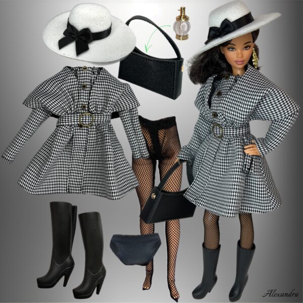 Eledoll Clothes Fashion Pack for 12" Fashion Doll ALEXANDRA Set with white hat & black white houndstooth coat-dress