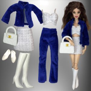 Eledoll Fashion Pack Clothes Set for 12 inch Doll Royal Blue Velvet Pants Suit & Tweed Skirt Set