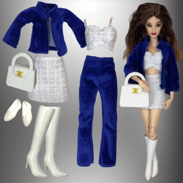 Eledoll Fashion Pack Clothes Set for 12 inch Doll Royal Blue Velvet Pants Suit & Tweed Skirt Set