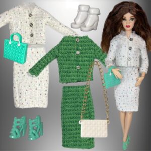 Eledoll Fashion Pack Clothes for 12 inch Fashion Doll White & Green Tweed Skirt Suit Set