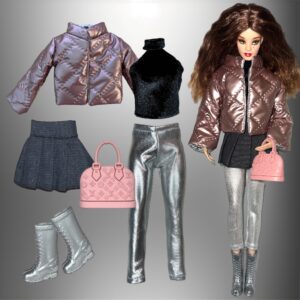 Eledoll Fashion Pack Clothes for 12 inch Fashion Doll Rose Gold Short Puffer Jacket Set