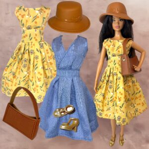 Eledoll Fashion Pack Clothes for 12 inch Fashion Doll Blue & Yellow Floral Dress Pack 2 #7647