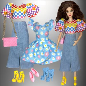 Eledoll Clothes Fashion Pack for 12 inch Fashion Doll Blue Pink Yellow Set