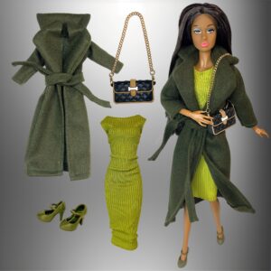 Eledoll Fashion Pack Clothes for 12 inch Fashion Doll Green Dress Purse Shoes JADE II Set with Army Green Wool Coat