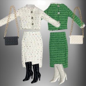 Eledoll Fashion Pack Clothes for 12 inch Fashion Doll White & Green Tweed Skirt Suit Set #