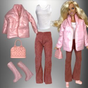 Eledoll Fashion Pack Clothes for 12 inch Fashion Doll Dusty Pink Winter Puffer Jacket Set