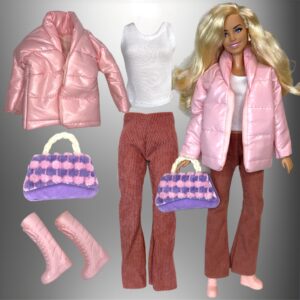 Eledoll Fashion Pack Clothes for 12 inch Fashion Doll Dusty Pink Winter Puffer Jacket Set II
