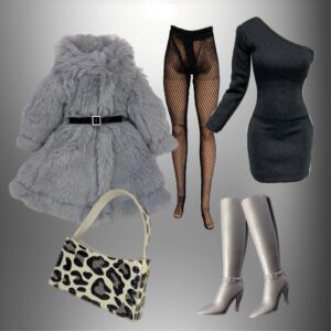 Eledoll Fashion Pack Clothes for 12 inch Fashion Doll Grey Fur Coat & Leopard Print Bag Set II