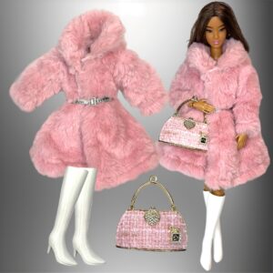 Eledoll Fashion Pack Clothes for 12 inch Fashion Doll Coral Pink Fur Coat & Tall White Boots Set