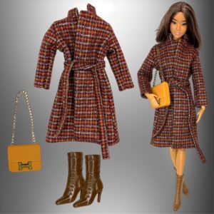 Eledoll Fashion Pack Clothes for 12 inch Fashion Doll "Wool" Brown Plaid Trench Coat with Boots & Purse Set
