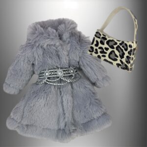 Eledoll Fashion Pack Clothes for 12 inch Fashion Doll Grey Fur Coat & Leopard Print Bag Set