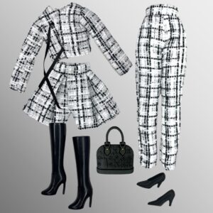 Eledoll Clothes Fashion Pack for 12 inch Doll Tweed Plaid Black & White Pants Suit Set