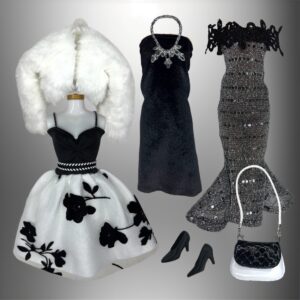 Eledoll Clothes Deluxe Fashion Pack for 12 inch Doll THEATER Black White Silver Set