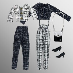 Eledoll Clothes Deluxe Fashion Pack for 12 inch Doll Black White Tweed Pants Suit Set 2 pack