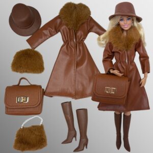 Eledoll Clothes Deluxe Fashion Pack for 12 inch Doll Brown Leather Coat Set COZY IN THE CITY