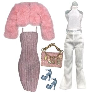 Clothes Fashion Pack for 12" Fashion Doll I LOVE PARIS Purse Pink Fur White Corduroy Trousers Pink/White Set