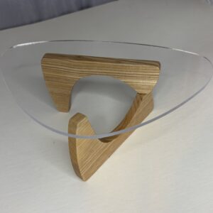 Mid-Century Modern Doll Coffee Table with Sculptural Wood Base & Rounded Triangle Clear Top